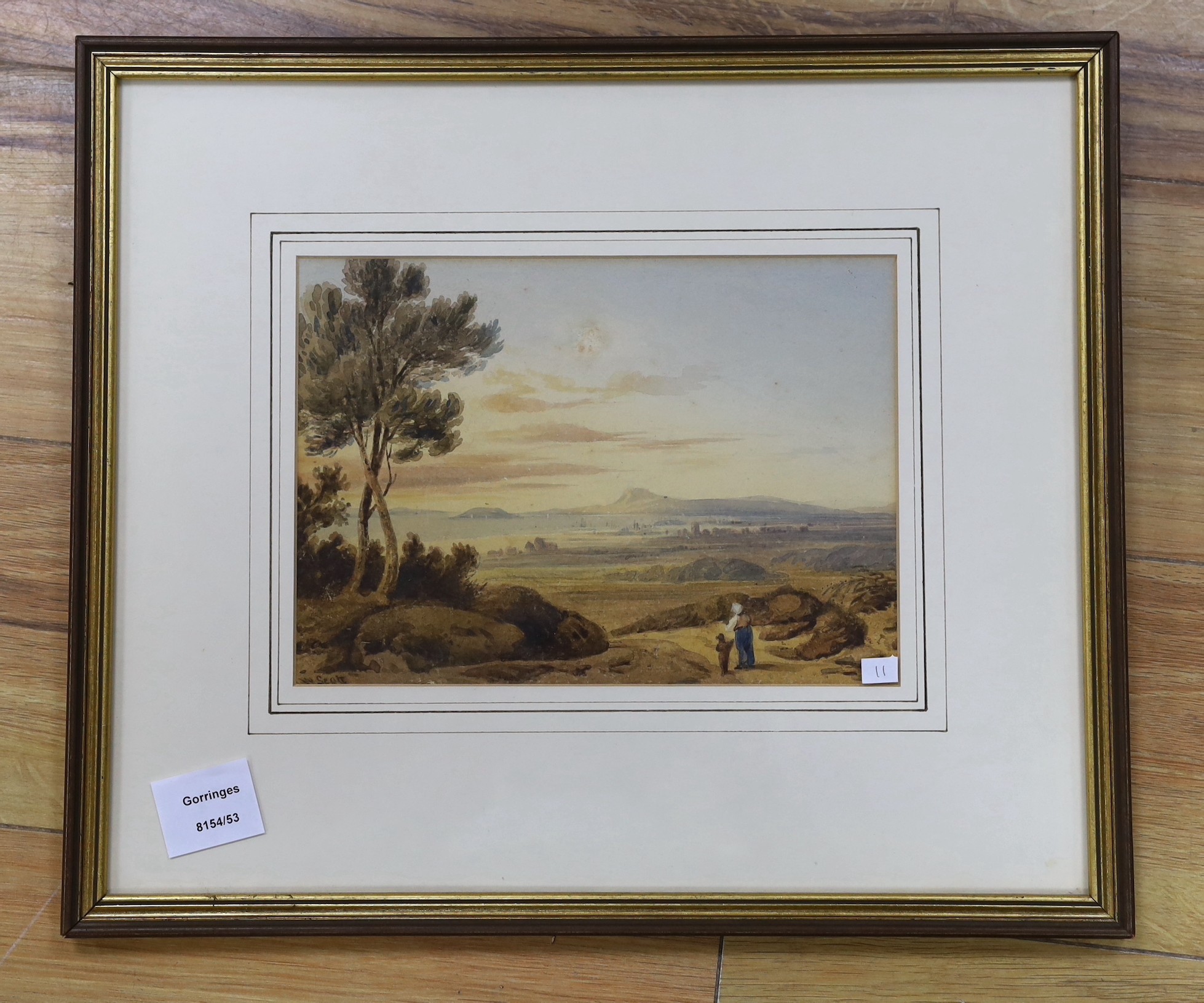 William Henry Stothard Scott of Brighton (1783-1850), watercolour, A distant view of Cardiff with figures in foreground, signed, 17 x 24cm